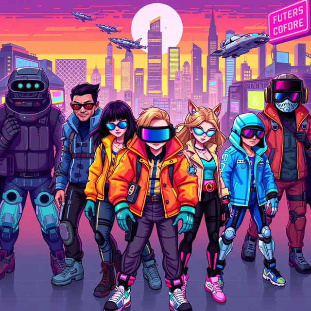 A vibrant and colorful pixel art scene featuring characters from a cyberpunk universe