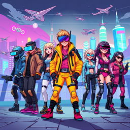 A vibrant and colorful pixel art scene featuring characters from a cyberpunk universe