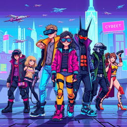 A vibrant and colorful pixel art scene featuring characters from a cyberpunk universe