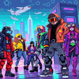 A vibrant and colorful pixel art scene featuring characters from a cyberpunk universe