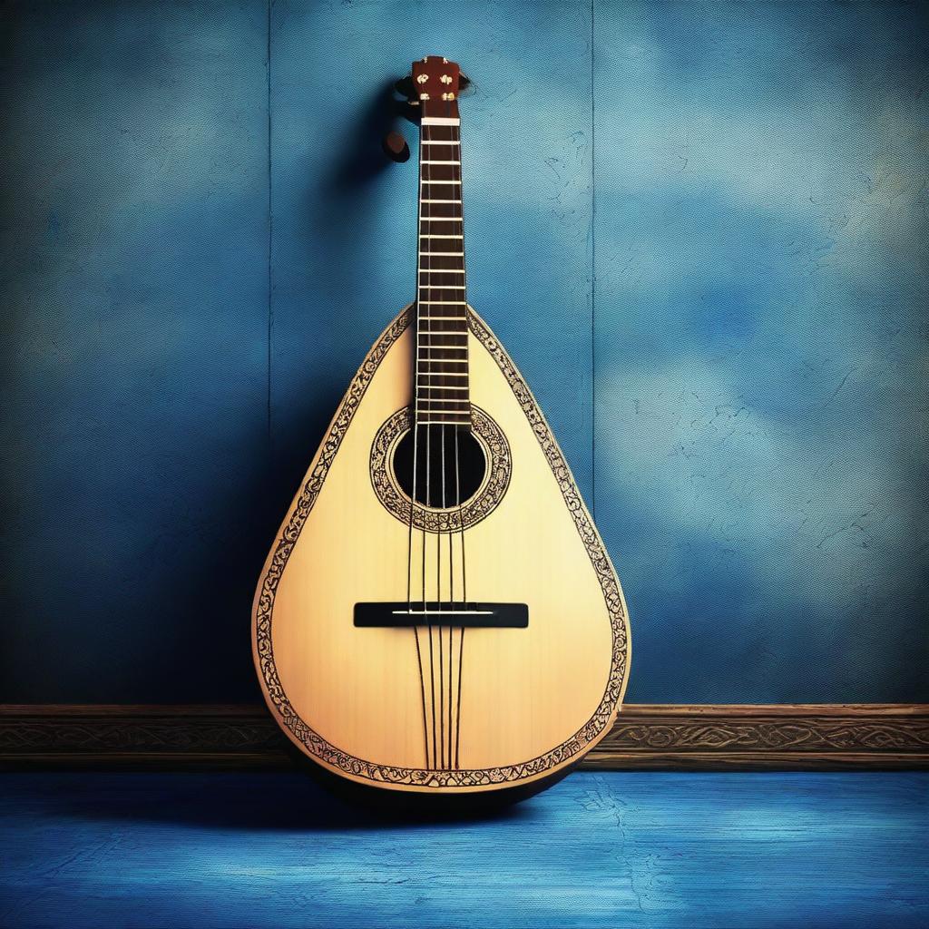 This is a high-quality illustration of an old medieval lute, resting on a blue floor with a matching blue wall behind it