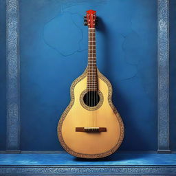 This is a high-quality illustration of an old medieval lute, resting on a blue floor with a matching blue wall behind it