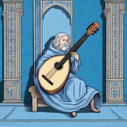 A high-quality cartoon-style illustration of an old medieval lute, resting on a blue floor