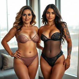 A captivating scene featuring Scarlett, a confident woman in her 40s with a medium body, a few rolls, wide hips, and prominent breasts, standing proudly alongside her stepdaughter Amanda, who is in her 20s with a toned figure and ample breasts