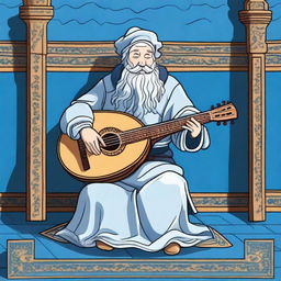 A high-quality cartoon-style illustration of an old medieval lute, resting on a blue floor