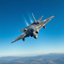 A sleek and powerful fighter jet soaring through a clear blue sky, showcasing its intricate design with sharp angles and military-grade camouflage