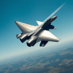 A sleek and powerful fighter jet soaring through a clear blue sky, showcasing its intricate design with sharp angles and military-grade camouflage