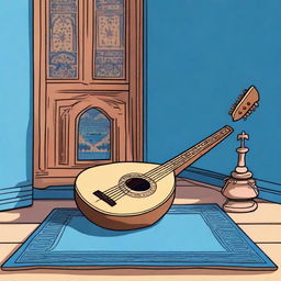 A high-quality cartoon-style illustration of an old medieval lute, resting on a blue floor