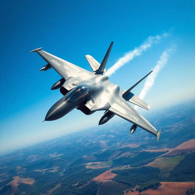 A sleek and powerful fighter jet soaring through a clear blue sky, showcasing its intricate design with sharp angles and military-grade camouflage