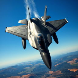 A sleek and powerful fighter jet soaring through a clear blue sky, showcasing its intricate design with sharp angles and military-grade camouflage