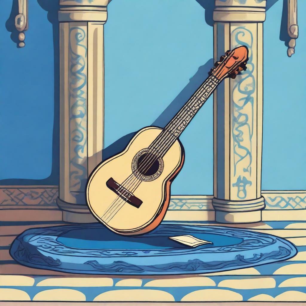 A high-quality cartoon-style illustration of an old medieval lute, resting on a blue floor