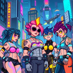 A vibrant, pixel art style representation of characters inspired by a cyberpunk theme
