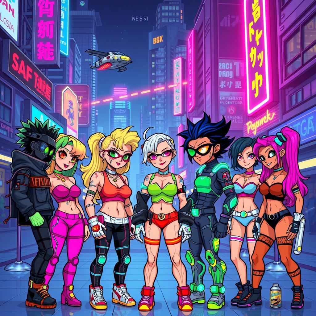 A vibrant, pixel art style representation of characters inspired by a cyberpunk theme