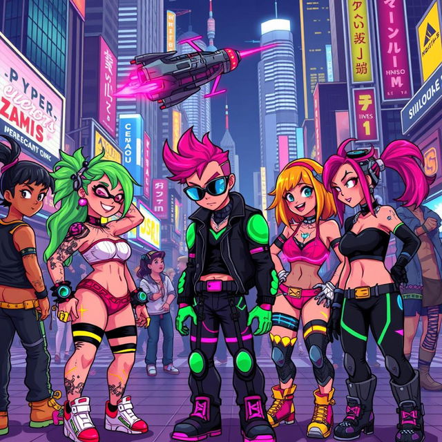 A vibrant, pixel art style representation of characters inspired by a cyberpunk theme