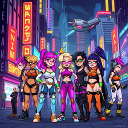 A vibrant, pixel art style representation of characters inspired by a cyberpunk theme