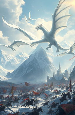 A breathtaking fantasy scene depicting a massive battlefield where majestic white dragons soar through the sky, their scales glimmering in the sunlight
