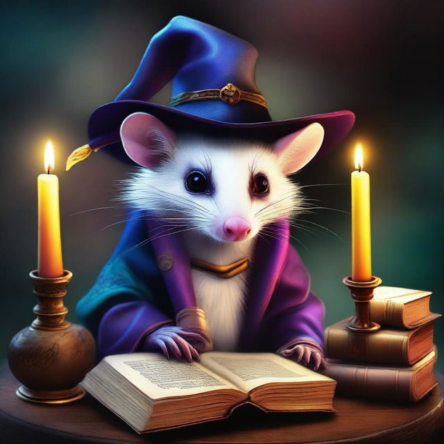 A captivating digital art piece featuring a rabid opossum wearing a wizard hat