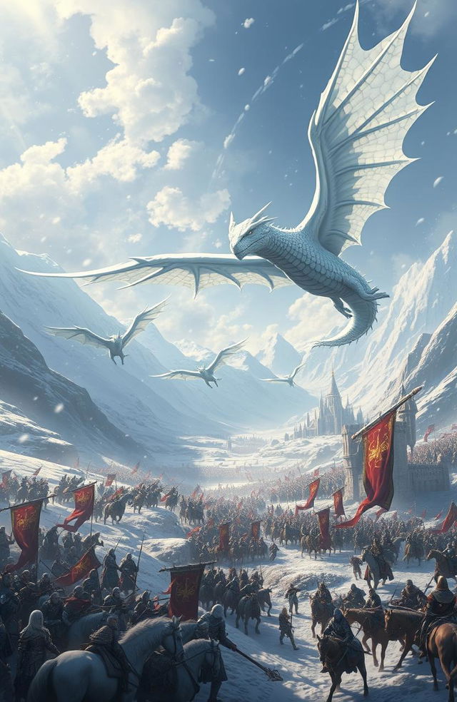 A breathtaking fantasy scene depicting a massive battlefield where majestic white dragons soar through the sky, their scales glimmering in the sunlight