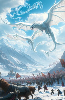 A breathtaking fantasy scene depicting a massive battlefield where majestic white dragons soar through the sky, their scales glimmering in the sunlight