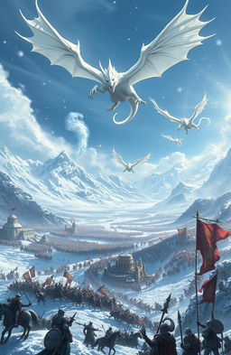 A breathtaking fantasy scene depicting a massive battlefield where majestic white dragons soar through the sky, their scales glimmering in the sunlight