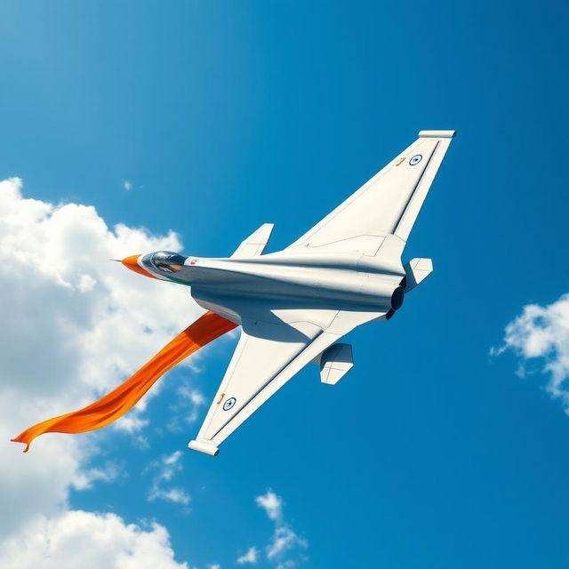 A dynamic scene featuring a modern fighter jet soaring through a bright blue sky, with the Indian flag elegantly trailing behind it