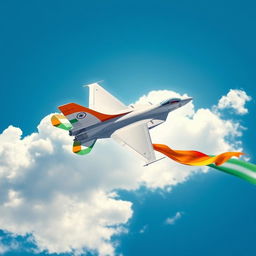 A dynamic scene featuring a modern fighter jet soaring through a bright blue sky, with the Indian flag elegantly trailing behind it