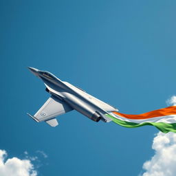 A dynamic scene featuring a modern fighter jet soaring through a bright blue sky, with the Indian flag elegantly trailing behind it