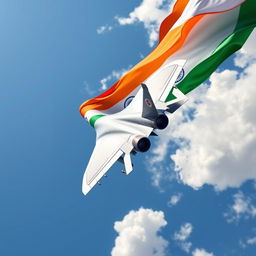 A dynamic scene featuring a modern fighter jet soaring through a bright blue sky, with the Indian flag elegantly trailing behind it