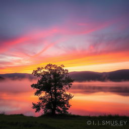 A captivating photograph of a serene landscape at sunrise, showcasing vibrant hues of orange and pink in the sky reflected on a tranquil lake
