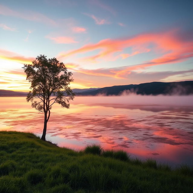 A captivating photograph of a serene landscape at sunrise, showcasing vibrant hues of orange and pink in the sky reflected on a tranquil lake