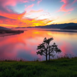 A captivating photograph of a serene landscape at sunrise, showcasing vibrant hues of orange and pink in the sky reflected on a tranquil lake
