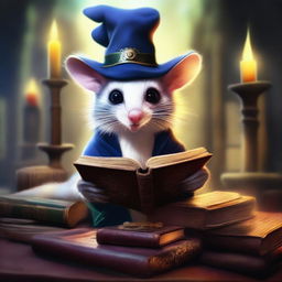 A captivating digital art piece featuring a rabid opossum wearing a wizard hat