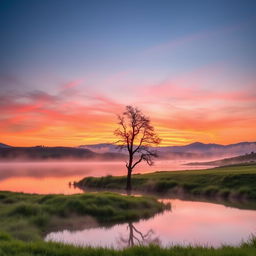 A captivating photograph of a serene landscape at sunrise, showcasing vibrant hues of orange and pink in the sky reflected on a tranquil lake