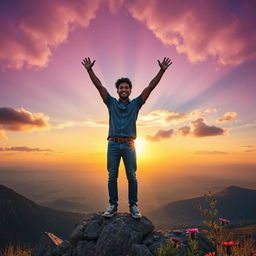 An empowering and motivational scene depicting a confident individual standing on top of a mountain peak at sunset, arms raised triumphantly in celebration of success