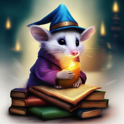 A captivating digital art piece featuring a rabid opossum wearing a wizard hat