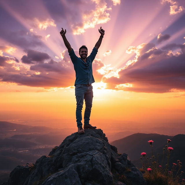 An empowering and motivational scene depicting a confident individual standing on top of a mountain peak at sunset, arms raised triumphantly in celebration of success