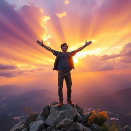 An empowering and motivational scene depicting a confident individual standing on top of a mountain peak at sunset, arms raised triumphantly in celebration of success
