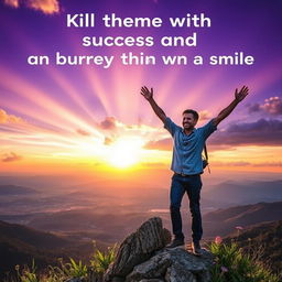 An empowering and motivational scene depicting a confident individual standing on top of a mountain peak at sunset, arms raised triumphantly in celebration of success