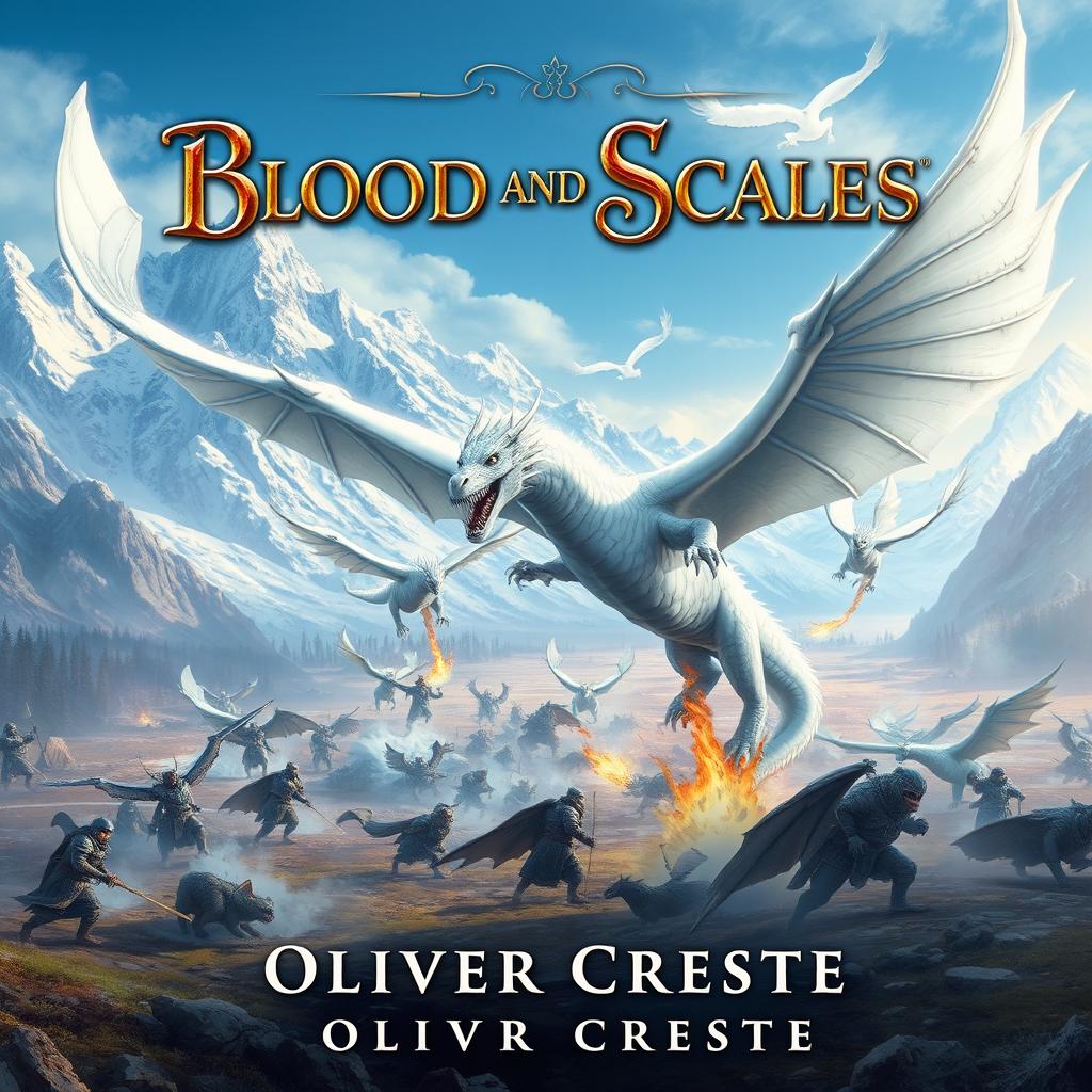 An enchanting fantasy book cover for "Blood and Scales" by Oliver Creste, showcasing a dramatic scene of fierce white dragons in flight over a sprawling battlefield