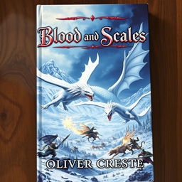 An enchanting fantasy book cover for "Blood and Scales" by Oliver Creste, showcasing a dramatic scene of fierce white dragons in flight over a sprawling battlefield