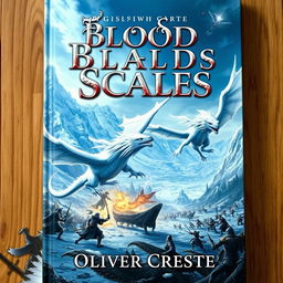 An enchanting fantasy book cover for "Blood and Scales" by Oliver Creste, showcasing a dramatic scene of fierce white dragons in flight over a sprawling battlefield