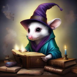 A captivating digital art piece featuring a rabid opossum wearing a wizard hat