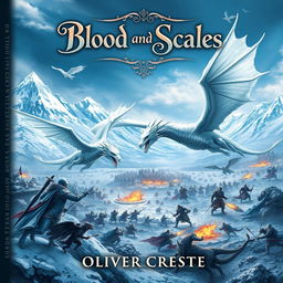 An enchanting fantasy book cover for "Blood and Scales" by Oliver Creste, showcasing a dramatic scene of fierce white dragons in flight over a sprawling battlefield