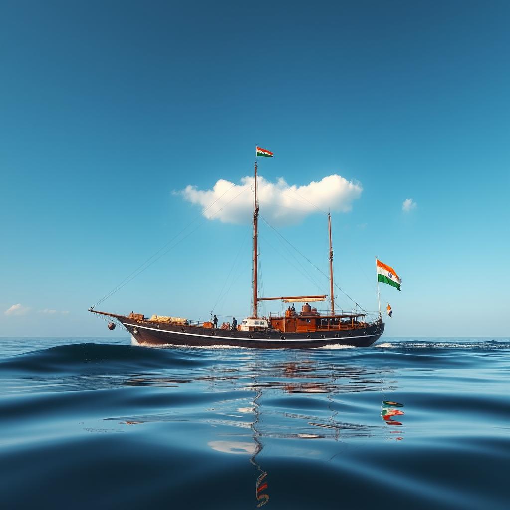 A majestic ship sailing through calm waters, adorned with the Indian flag prominently displayed on its mast