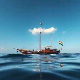 A majestic ship sailing through calm waters, adorned with the Indian flag prominently displayed on its mast