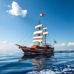 A majestic ship sailing through calm waters, adorned with the Indian flag prominently displayed on its mast