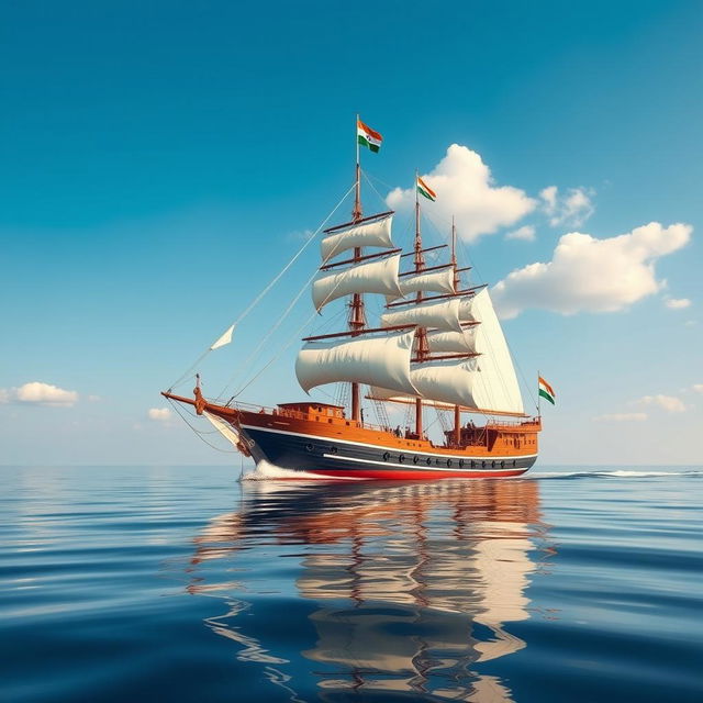 A majestic ship sailing through calm waters, adorned with the Indian flag prominently displayed on its mast