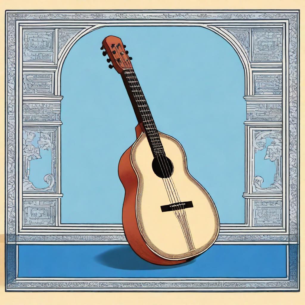 This is a high-quality cartoon-style illustration of an old medieval lute, resting on a blank blue floor