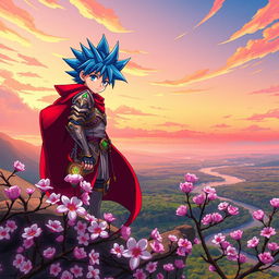 A vibrant anime scene featuring a dynamic character design of a hero with spiky blue hair and a flowing red cape, standing bravely on a cliff overlooking a lush, green valley
