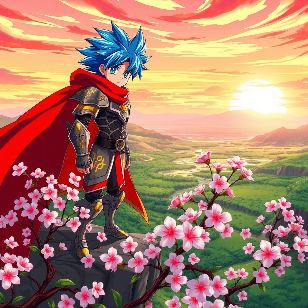 A vibrant anime scene featuring a dynamic character design of a hero with spiky blue hair and a flowing red cape, standing bravely on a cliff overlooking a lush, green valley